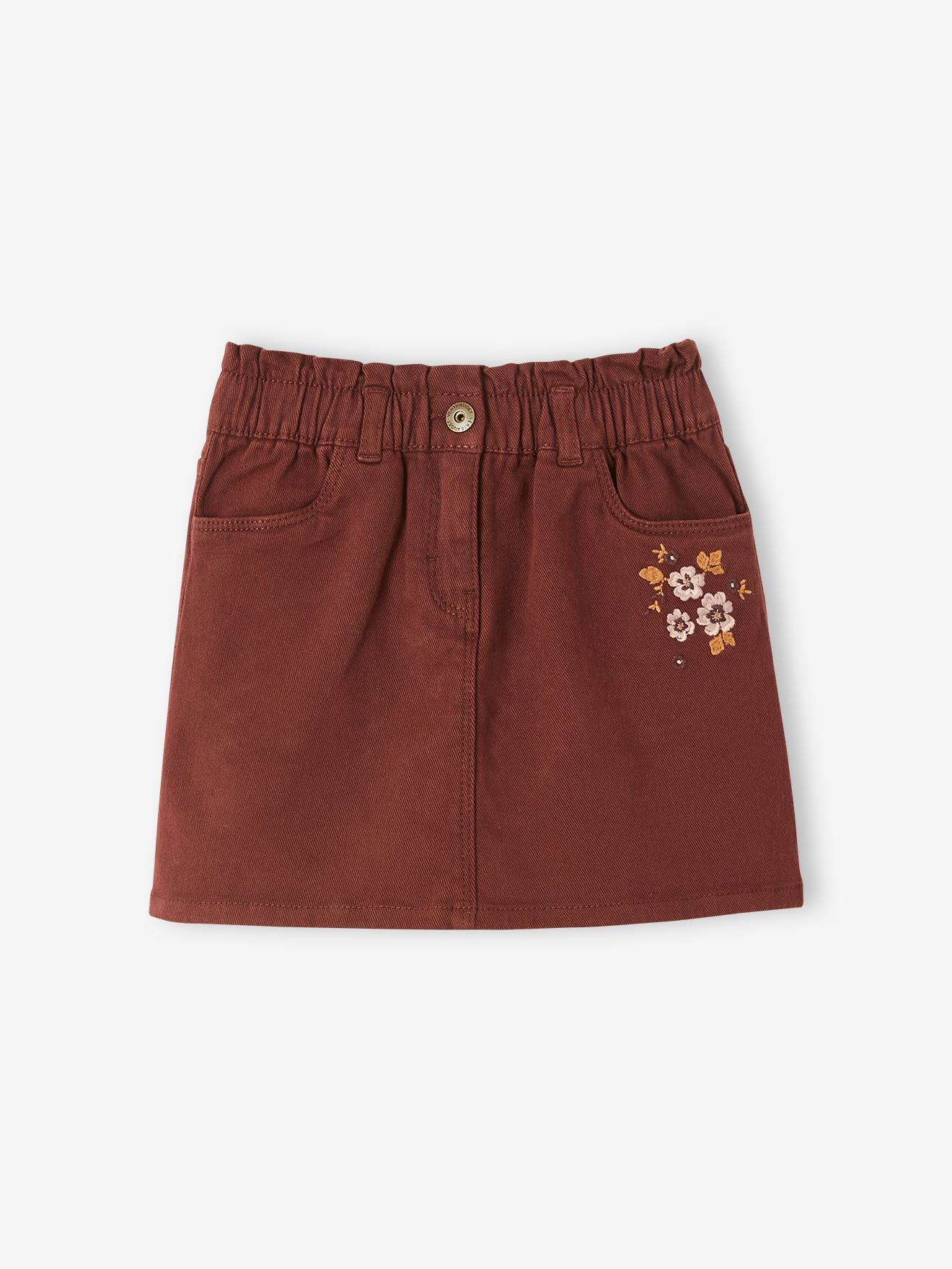 Saia saco de papel bordada com flores, saia lisa roxa escura para menina com estampa.