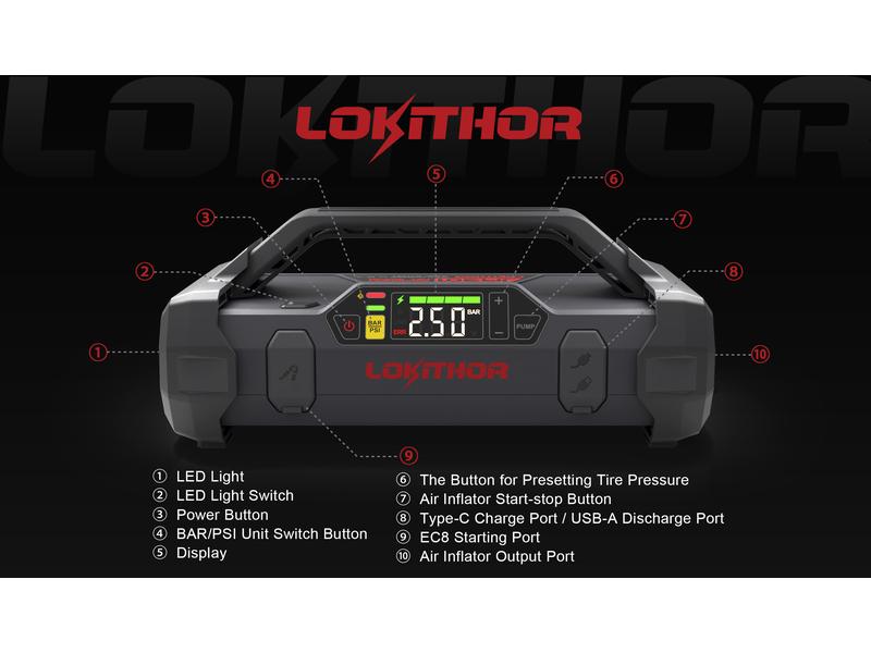 Lokithor Jump Starter und Luftpumpe 12V/ 2000A 4in1 Powerpack Multifunktionsgerät