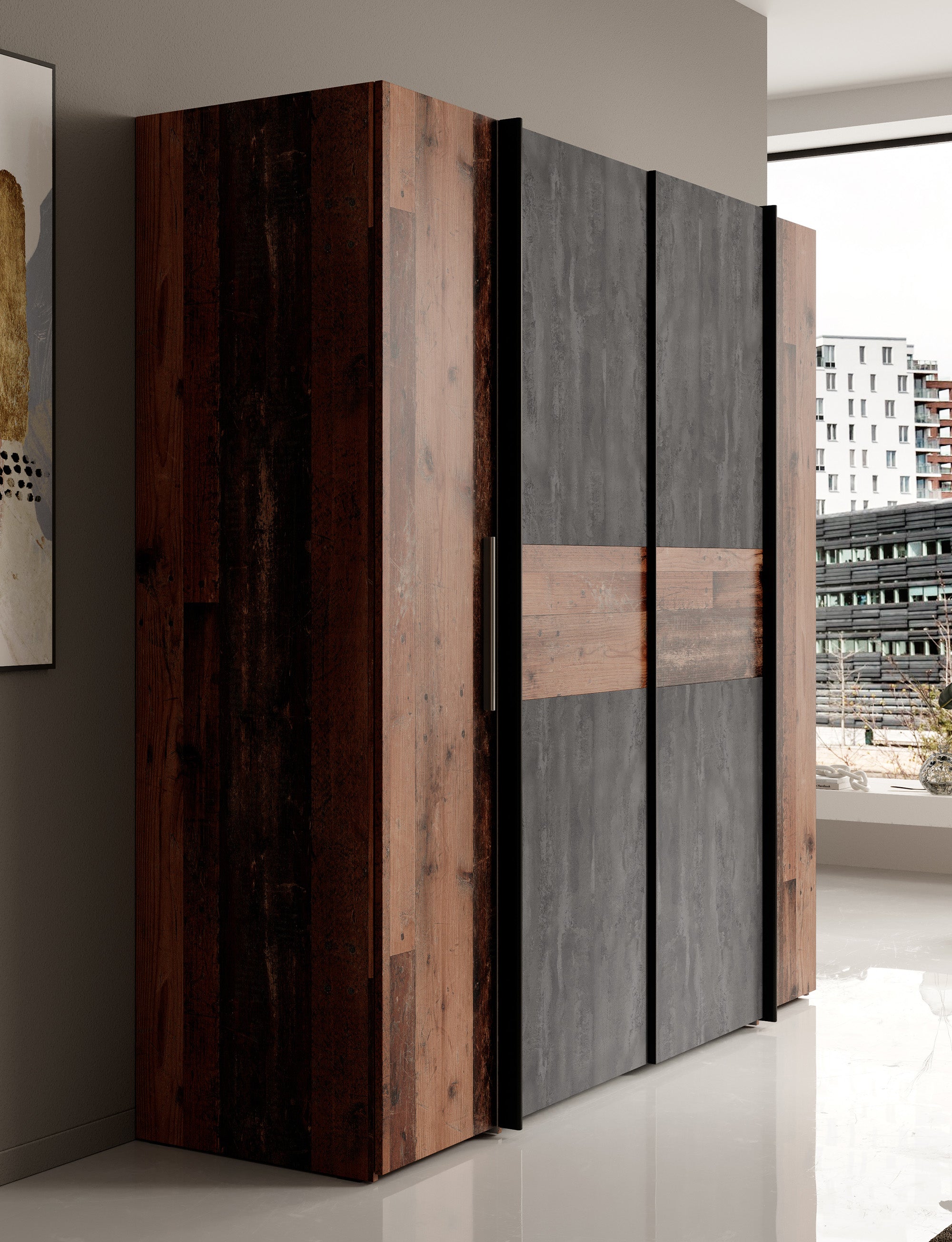 Kassel - Kledingkast met schuifdeuren - Old wood/grijs - 200x191x62 cm