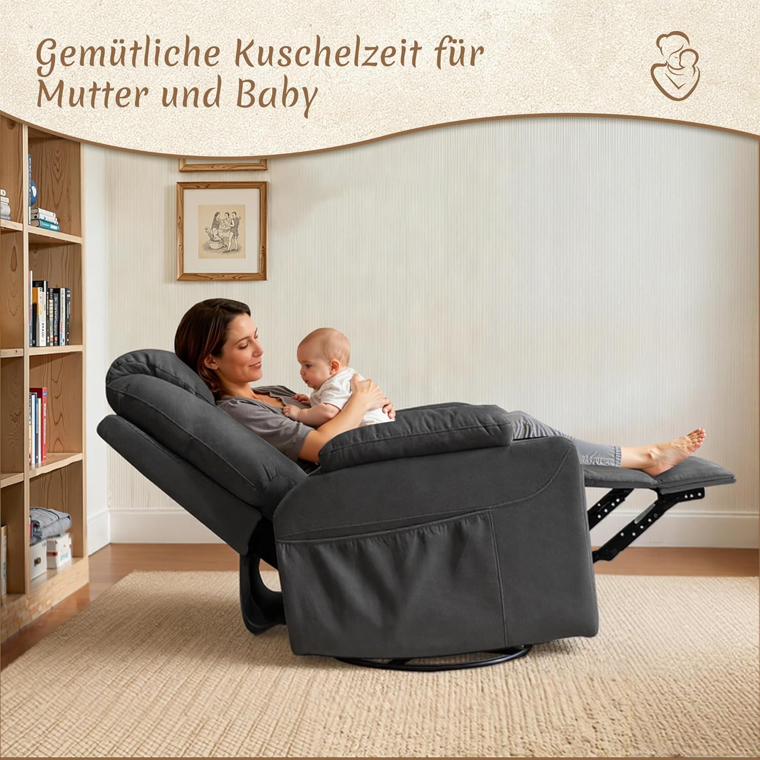 Liegesessel mit 360° Schwenk- und Wippfunktion, Fauteuil TV réglable manuellement, geeignet für Wohnzimmer als Relaxsessel und Kinderbetreuungssessel, Dunkelgrau