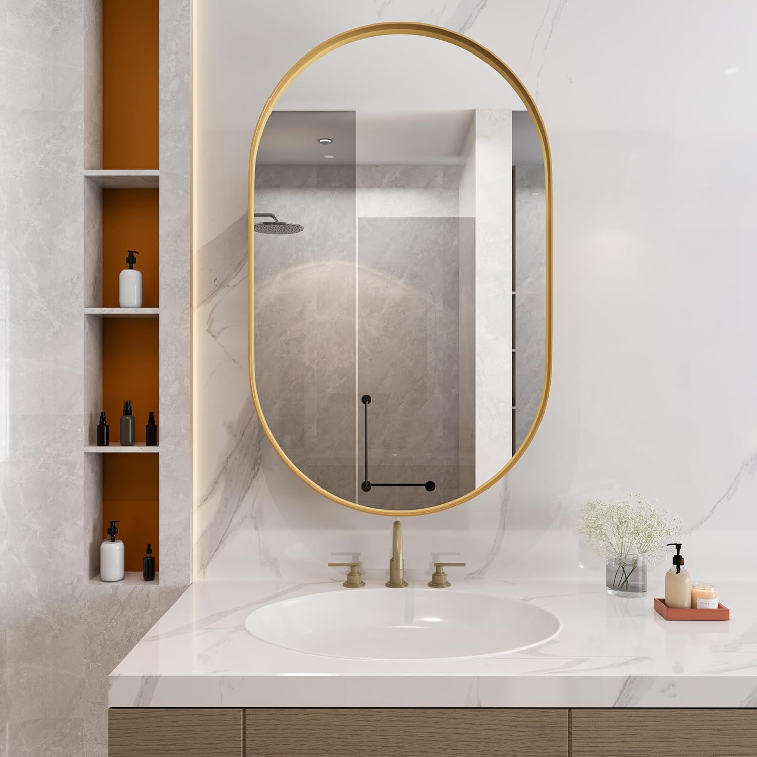 Stylish Oval Mirror Cabinet, Recessed Medicine Cabinet, Wall Cabinet with Metal Framed, Mirror and Adjustable Shelves, Mirror Cabinet with Storage for Bathroom, Living Room and Bedroom, Gold
