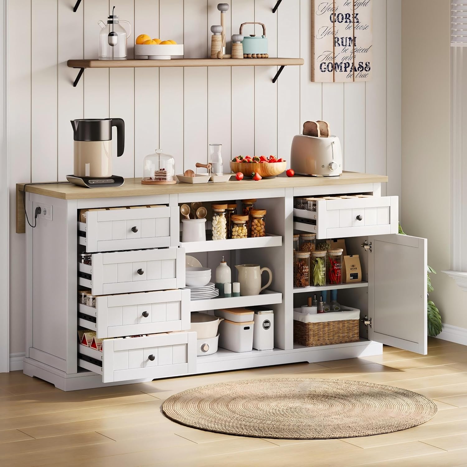 Buffet‑Sideboard/Bar‑Schrank/Kücheninsel–5 Schubladen, 2 Ausziehböden–Klappbare Erweiterungsplatte & Integrierte Steckdosen für Küche, Esszimmer&Wohnzimmer 150×65×75cm (Weiß)