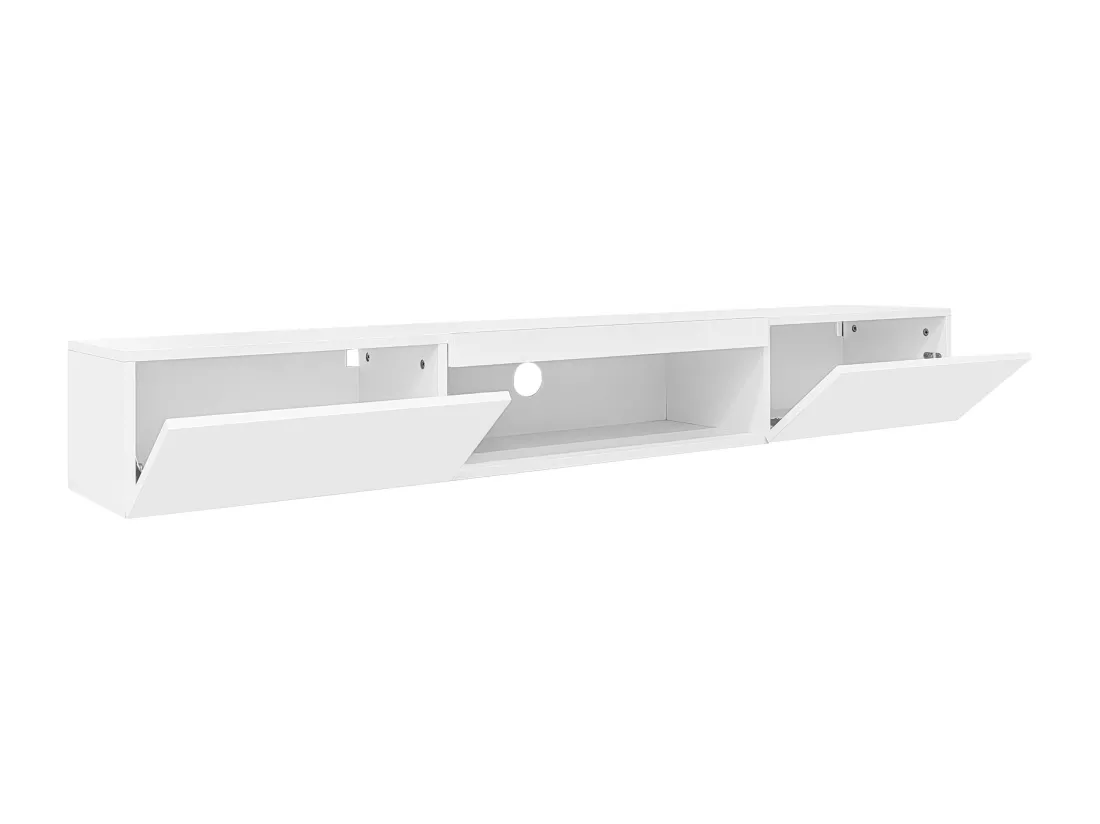 Meuble TV suspendu 160cm - 1 compartiment ouvert & 2 portes abattantes - aspect brillant - Blanc