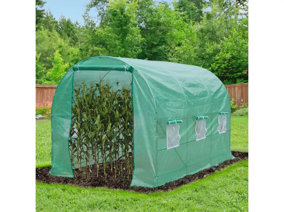Serre de jardin tunnel 7m² 3,5L x 2l x 2H m châssis tubulaire acier galvanisé renforcé 6 fenêtres 1 portes vert