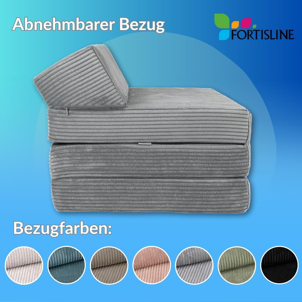 FORTISLINE - Klappmatratze 200x70x10cm mit Kopfteil & Kissen – Gästebett ausklappbar für Kinderzimmer & Camping Matratze Schaumstoff – Faltmatratze tragbar – Faltbare Matratze aus Cord – Braun