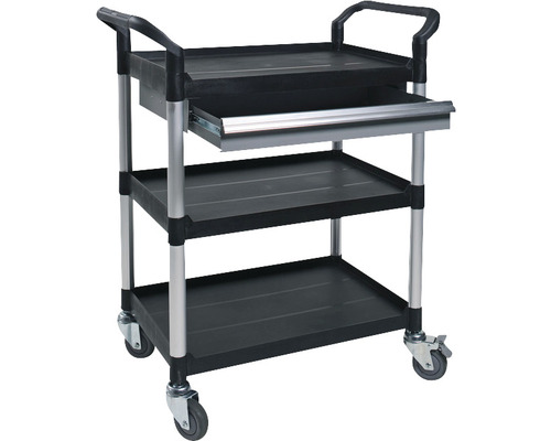 Multifunctionele wagen met 3 legplanken en 1 lade, 450x680 mm, kunststof buizen, geborsteld aluminium, draagvermogen 240 kg