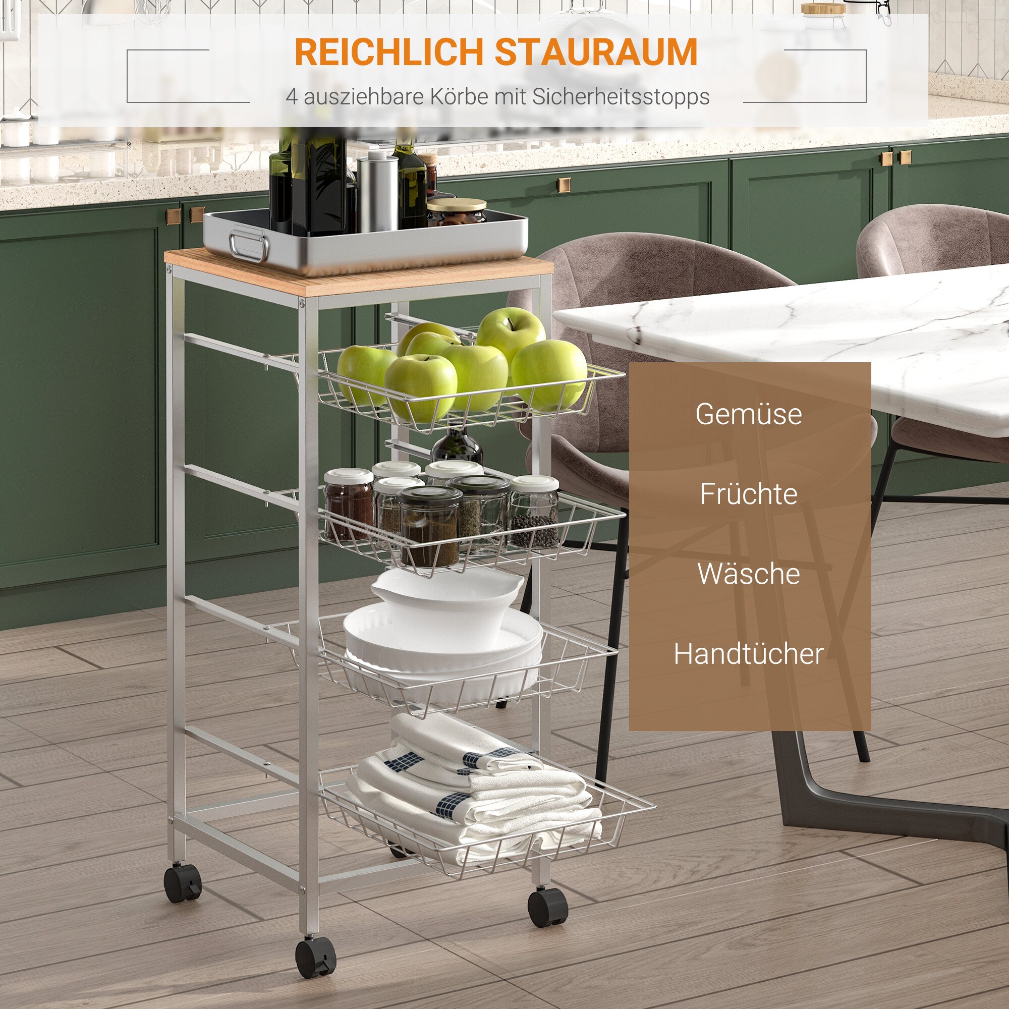 HOMCOM Küchenrollwagen silber, natur 36,5 x 36,5 x 89 cm (LxBxH)