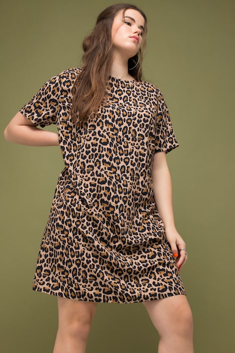 Minikleid, Loose Shape, Leo-Print, Rundhals, Halbarm