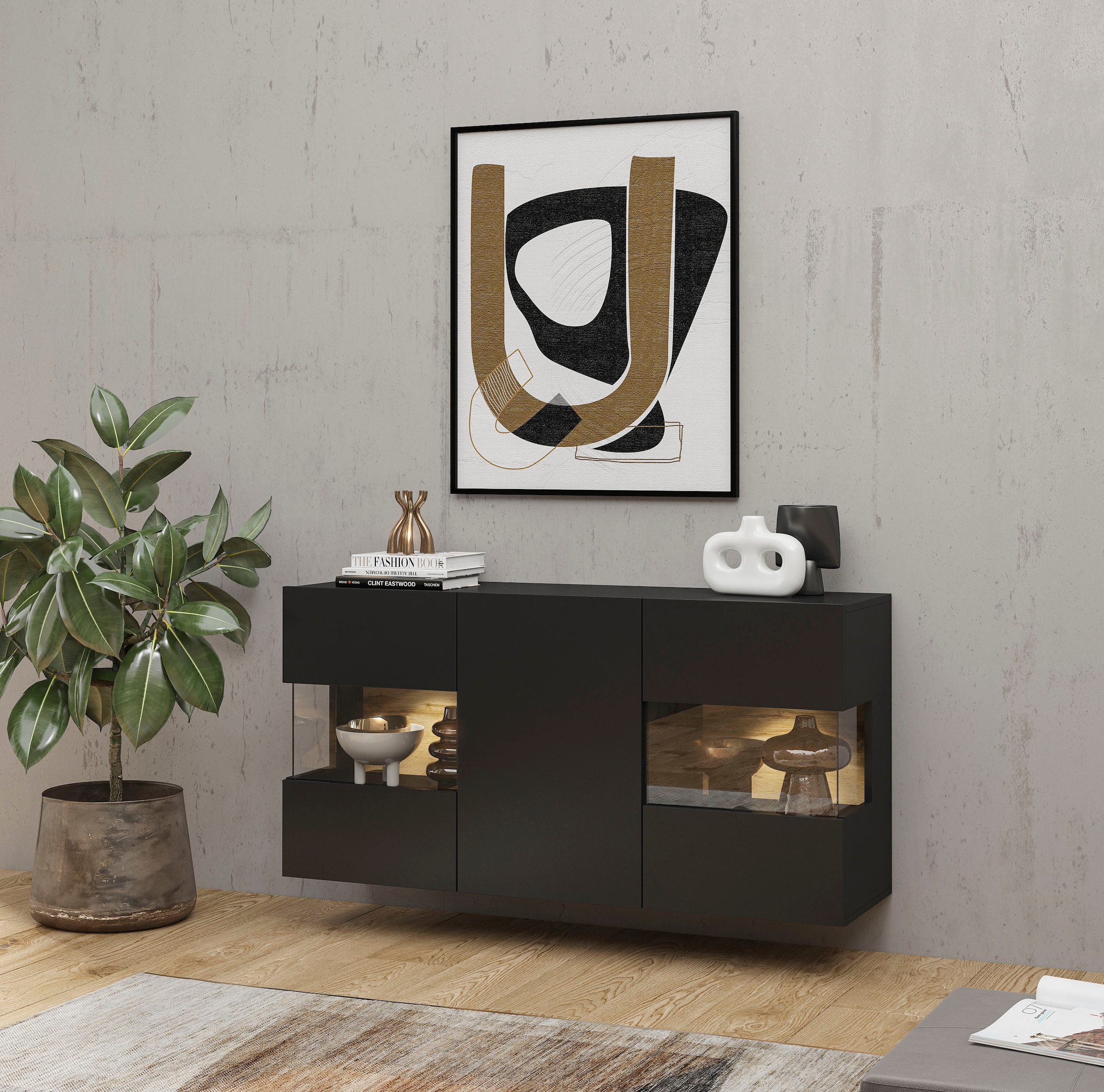 INOSIGN Sideboard »Ava, Breite 120 cm, hängend und stehend montierbar« moderne grifflose Kommode, Anrichte, 3Türen, Eckverglasung
