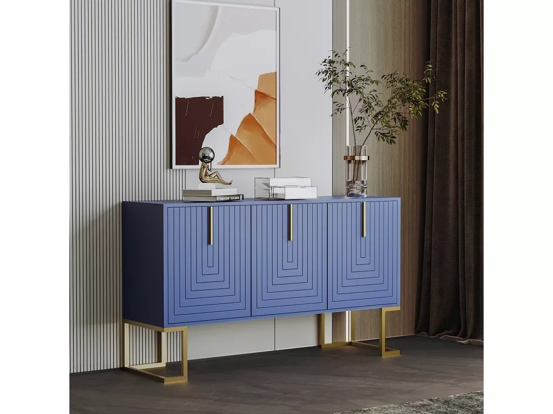 Buffet moderne avec étagères réglables - 3 portes à motif de U - poignées et base en métal - Bleu