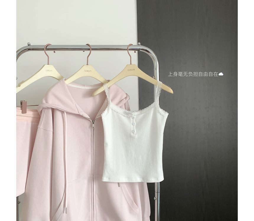 Onjo - Henley geribbelde crop top met kanten rand, korte A-lijn rok met trekkoord in de taille en hoodie met rits