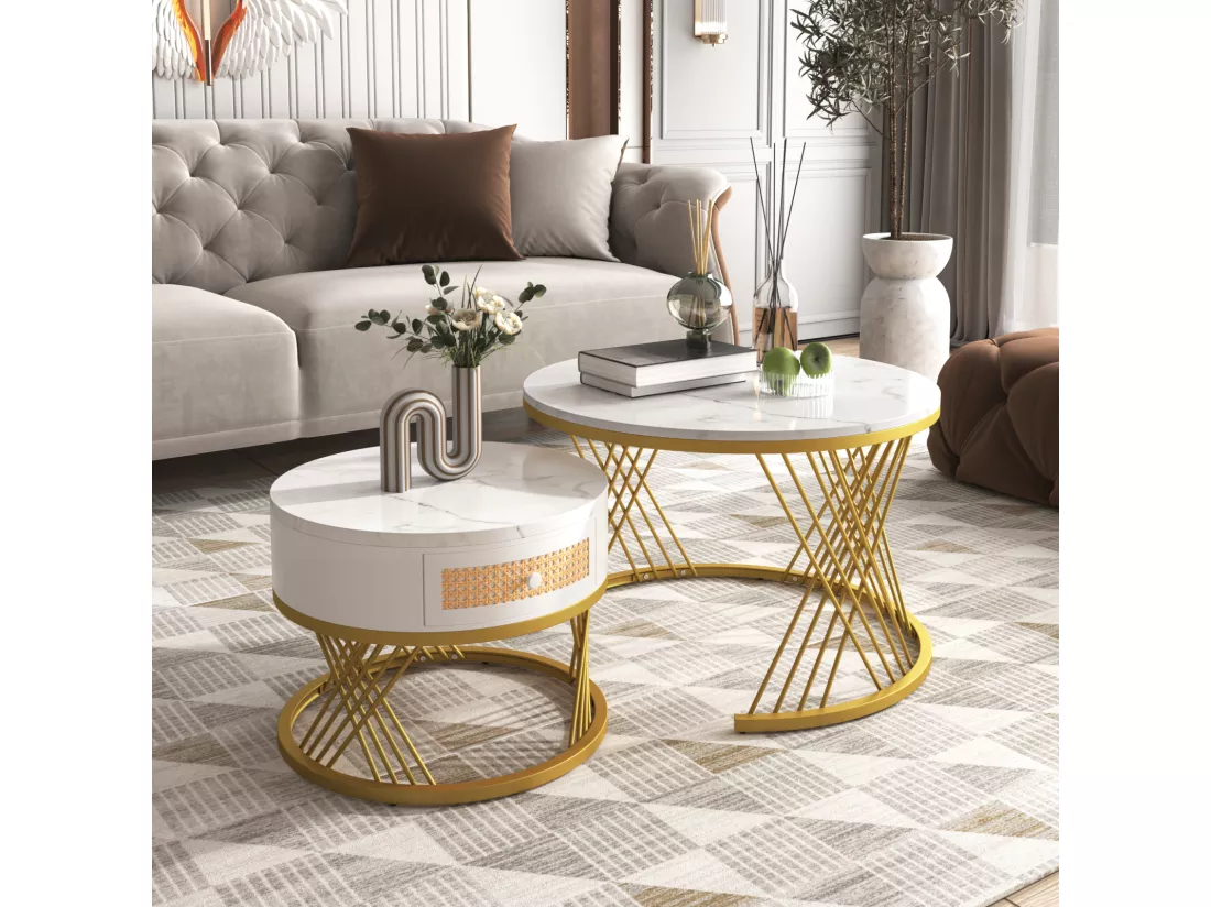Lot de 2 table basse gigogne ronde, table d'appoint avec plateau en marbre et tiroirs en rotin, pieds en fer dorés - 70x70x45, 5+50x50x38, 5cm blanc