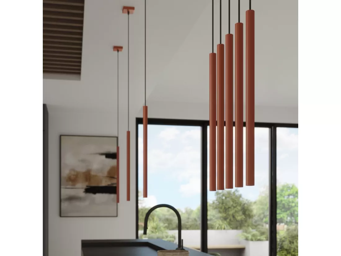 Lampe à suspension Pastelo moderne en acier - 2 sources lumineuses - L.15 x H.104 cm - ocre rouge