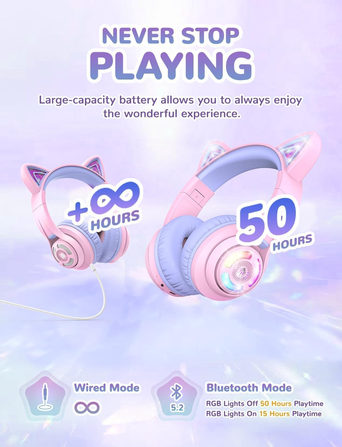 BTH13 Headphone Kids BT LED Bluetooth Kopfhörer Over-Ear 74/85dB Lautstärkeeinstellungen mit Katzenohren (C04-2083N-15) - Rosa / Violett