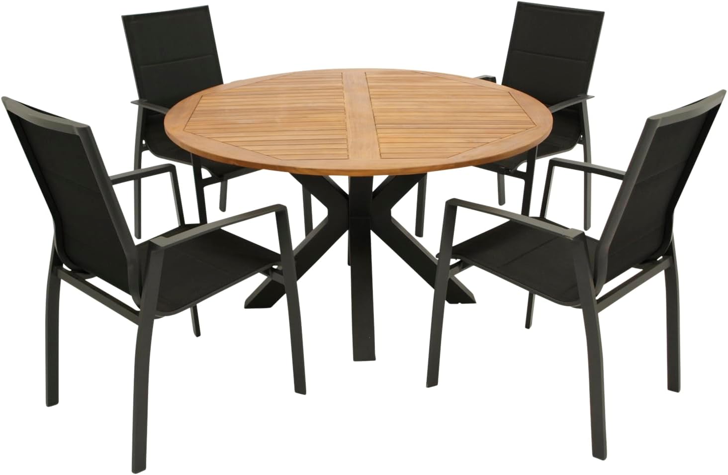 DEGAMO Gartengarnitur Madeira 5-teilig, 4X Stapelsessel anthrazit und 1x Gartentisch Metall mit Tischplatte Akazie 130cm rund, Outdoor