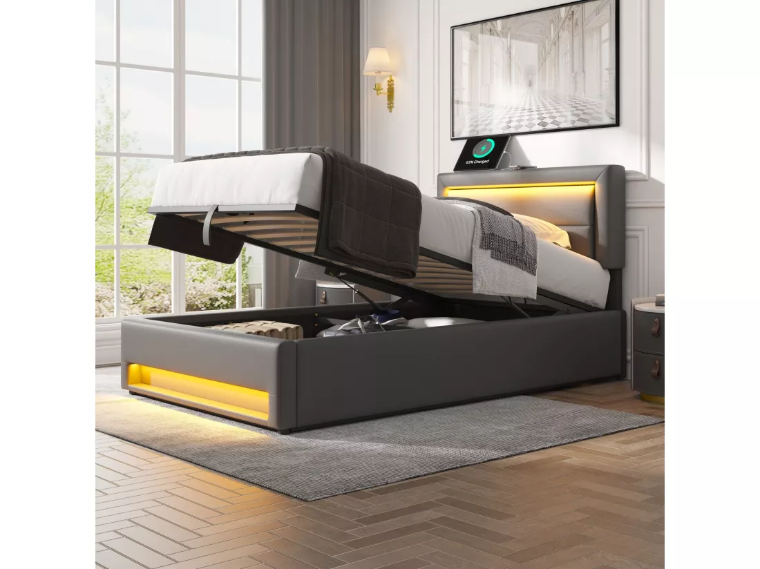 Lit coffre 90 x 200 cm avec tête de lit - Prises USB et LEDs - Cuir PU - Sommier à lattes - Gris(sans matelas)