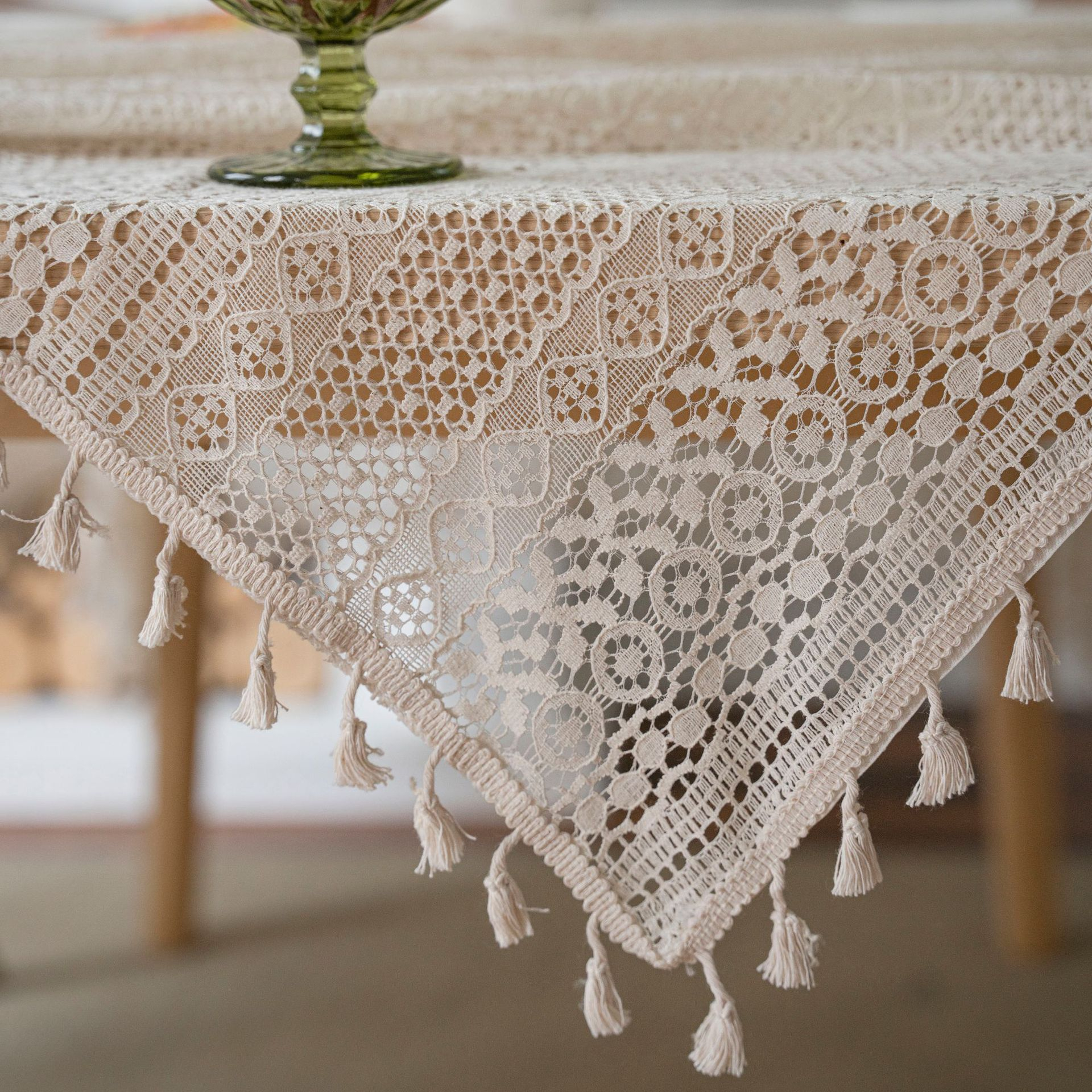 (150x260cm) Gehäkelte Baumwoll Tischdecke Esszimmer Boho Deko Hygge Lifestyle Tisch Tuch - Beige