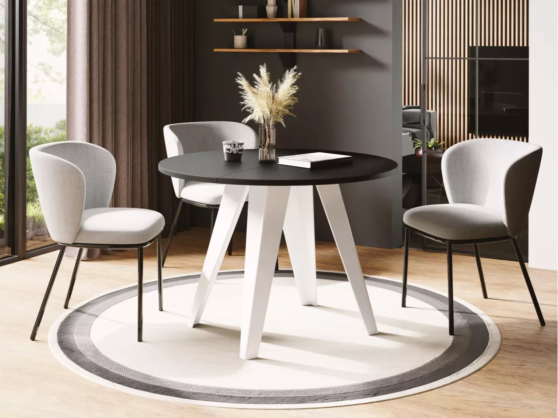 Table De Salle à Manger Ronde De Style Industriel - Moderne - Extensible De 90 Cm à 130 Cm - Pieds Métalliques Blancs - Compacte - Noir