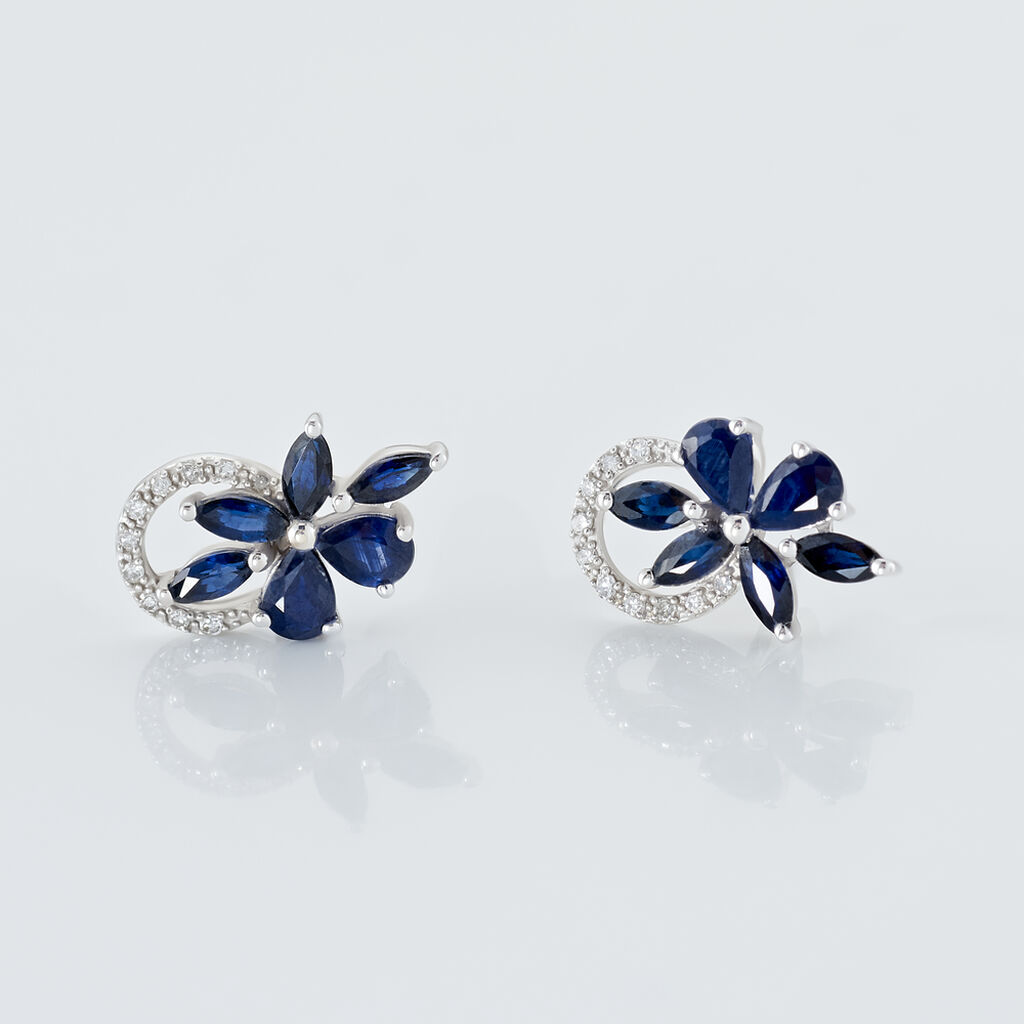 Boucles D'oreilles Puces Bouquet Or Blanc Saphir Et Diamant