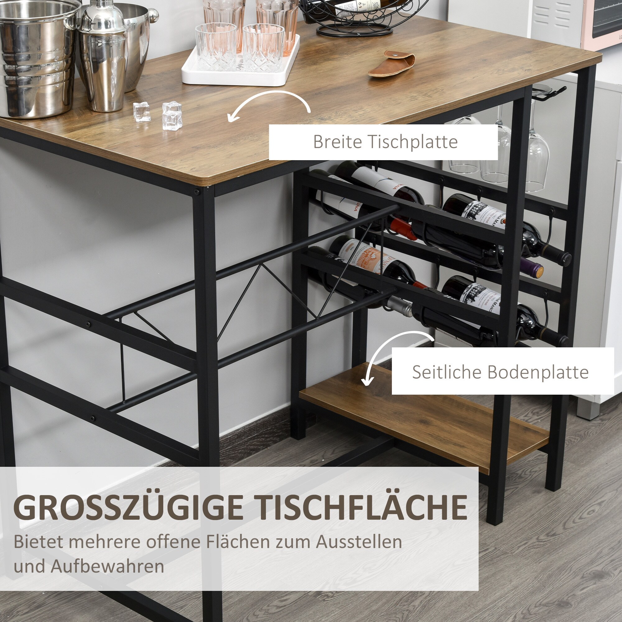 HOMCOM Bartisch-Set mit 2 Barhockern natur, schwarz