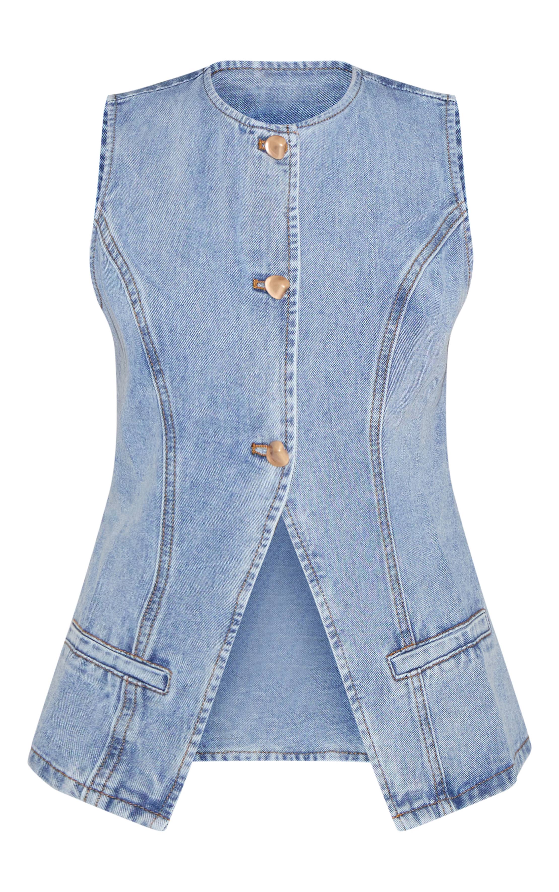 Light Blue Wash Haut Débardeur En Denim Avec Détails Contrastés Petite