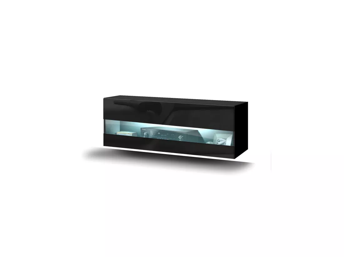 Meuble de salon noir collection CEPTO 37x91cm, 1 porte avec vitre, 2 étagères.