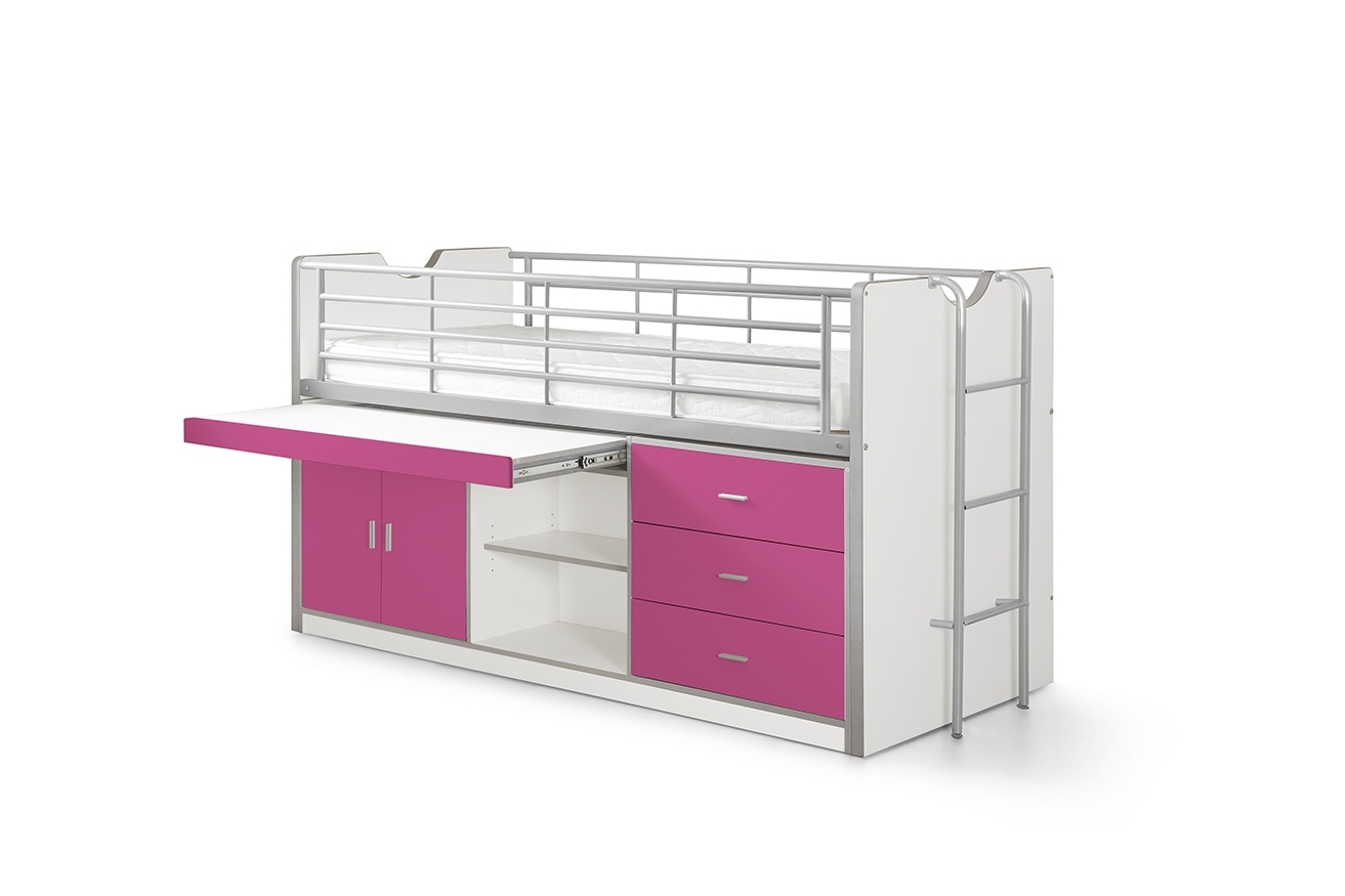 Funktions-Hochbett BONNY - weiß-pink - mit Schreibtischschublade - 90x200 cm