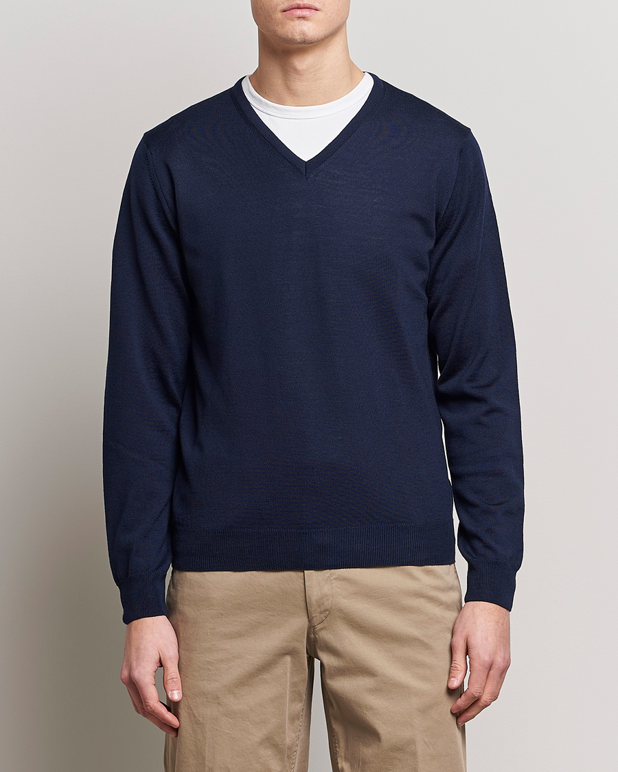 Stenströms Merino Patch V-Neck Navy/Light Blue