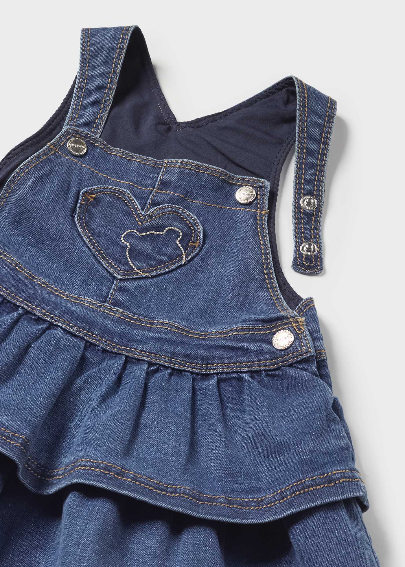 Vestido jardineira jeans para bebê com babados