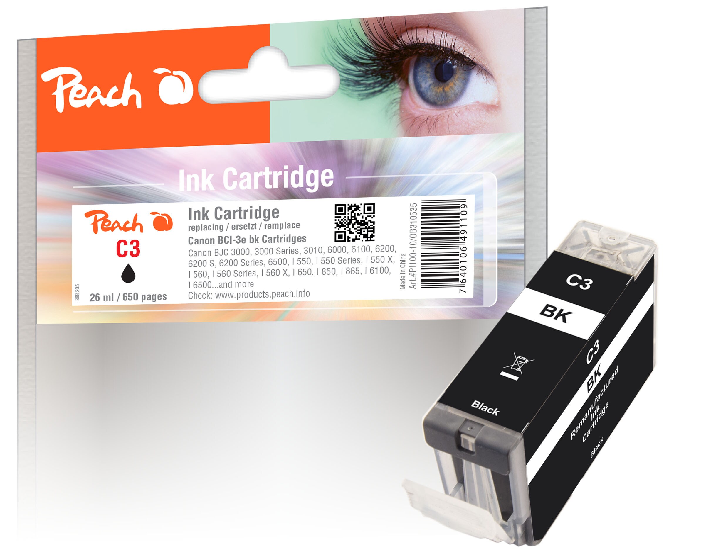 Peach C3 eBK Druckerpatrone bk ersetzt Canon BCI-3eBK, 4479A002 für z.B. Canon BJC 3000, Canon BJC 3010, Canon BJC 6000, Canon BJC 6100, Canon I 550 (wiederaufbereitet)