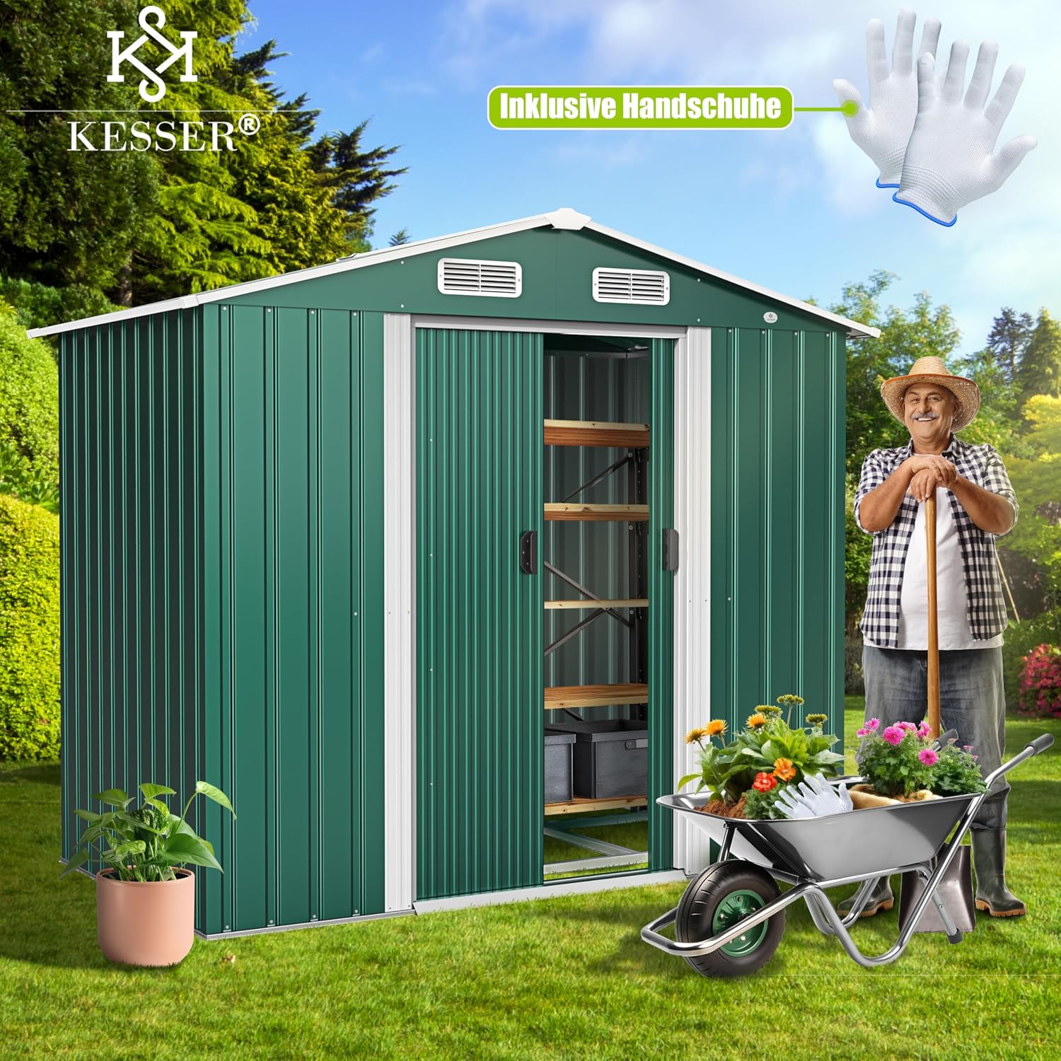 KESSER® XL Metall Gerätehaus 4,2m³ mit Fundament | Inkl. Arbeitshandschuhe | 195x131x186cm | 2X Schiebetür & Fundament | Geräteschuppen | Gartenhaus Schrank | Satteldachdach Garten Schuppen Grün