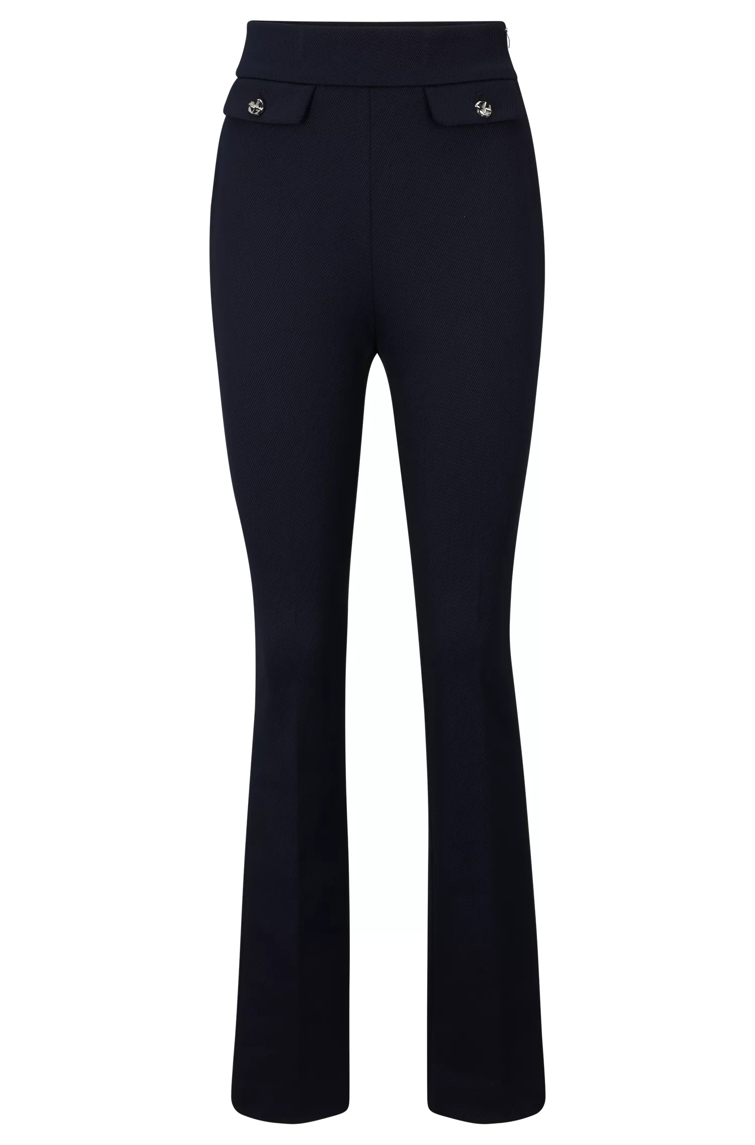Calça BOSS preta, corte slim, cintura alta e pernas flare.