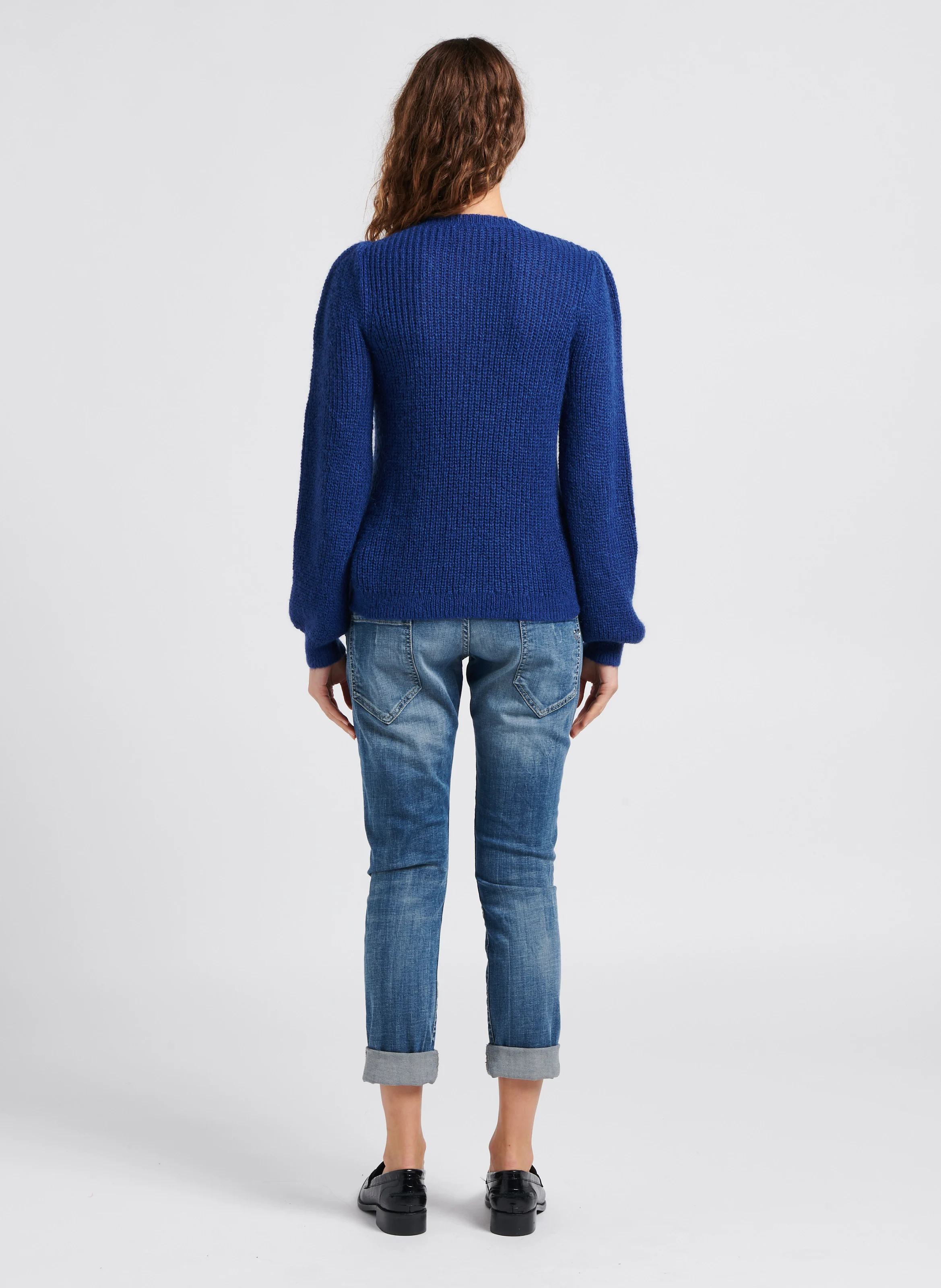 Jean droit délavé en coton| Bleu
