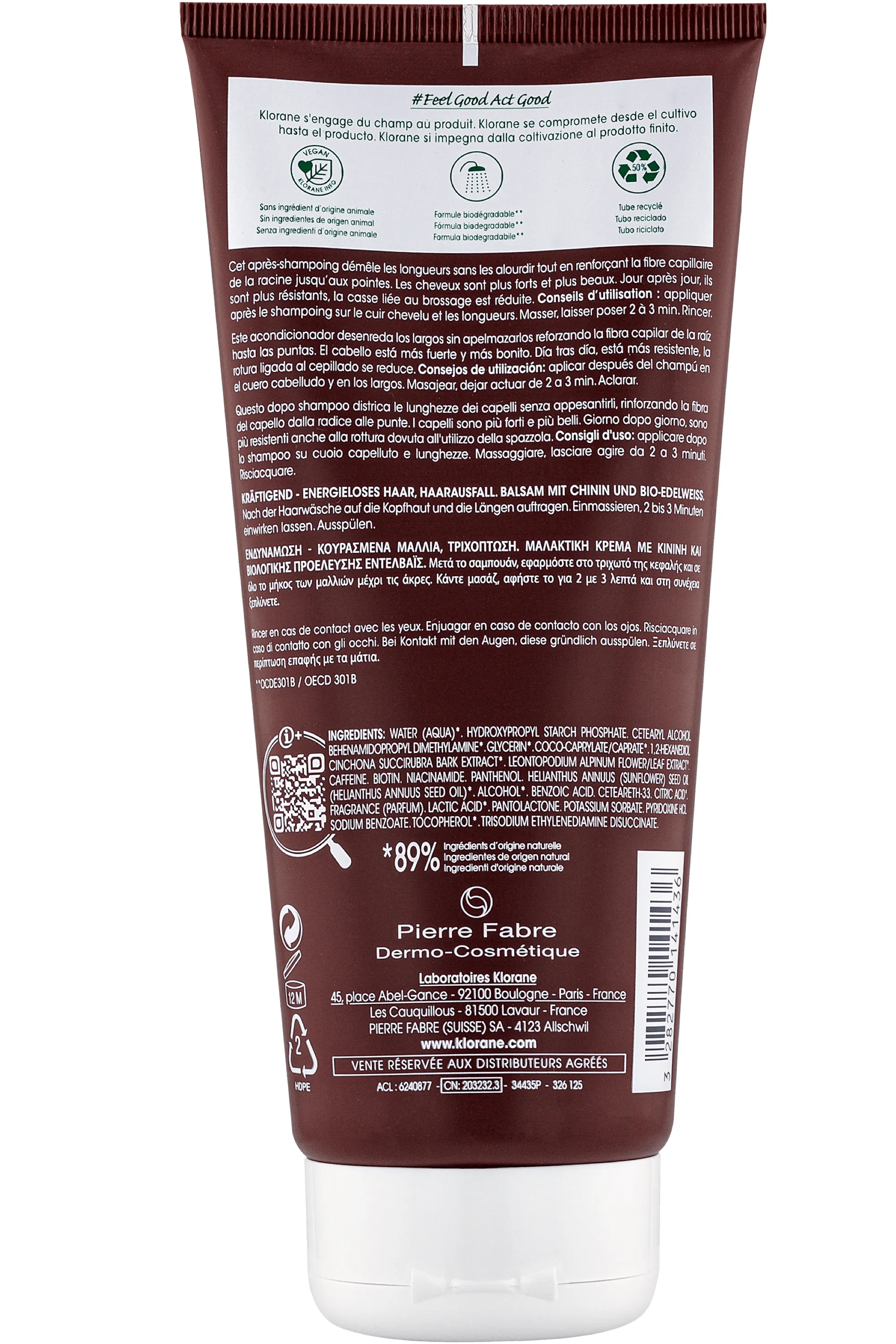 Klorane Après-shampoing fortifiant à la quinine & edelweiss bio-200 ml