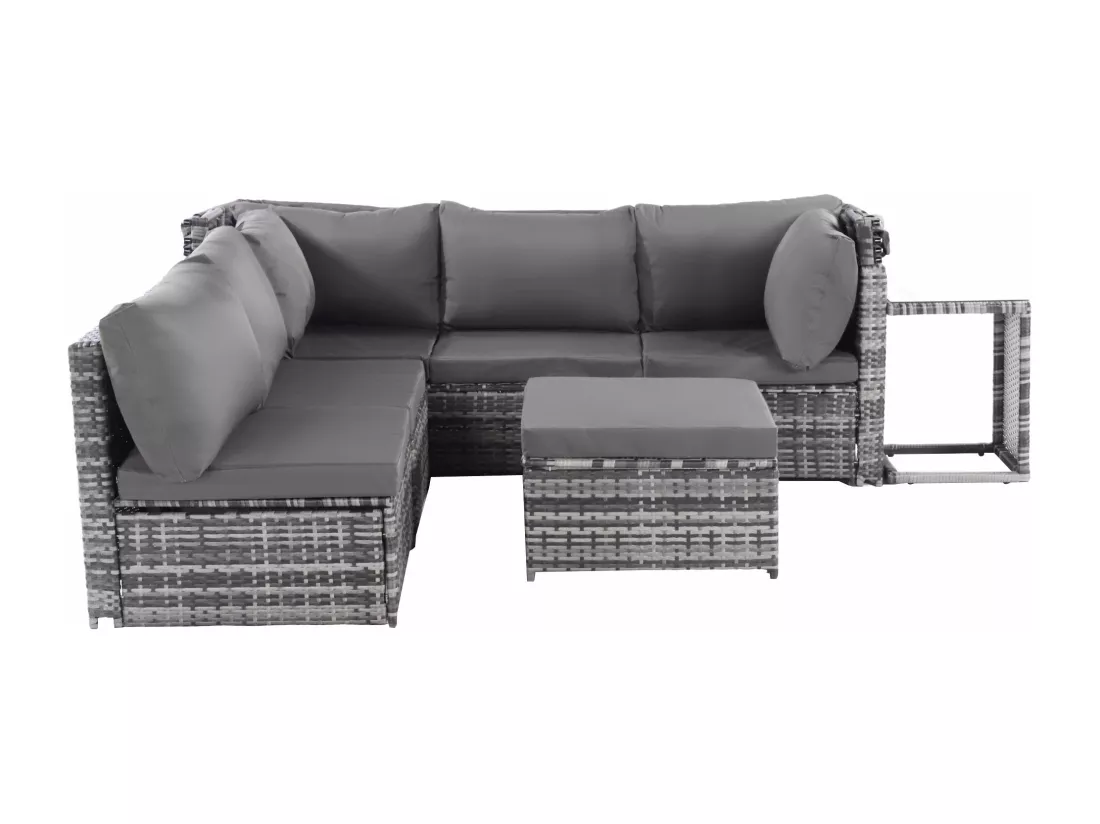 Ensemble salon de jardin en rotin Sunshine Island seat set, canapé avec toit ouvrant, tabourets, fauteuils et table, résistant aux intempéries, gris