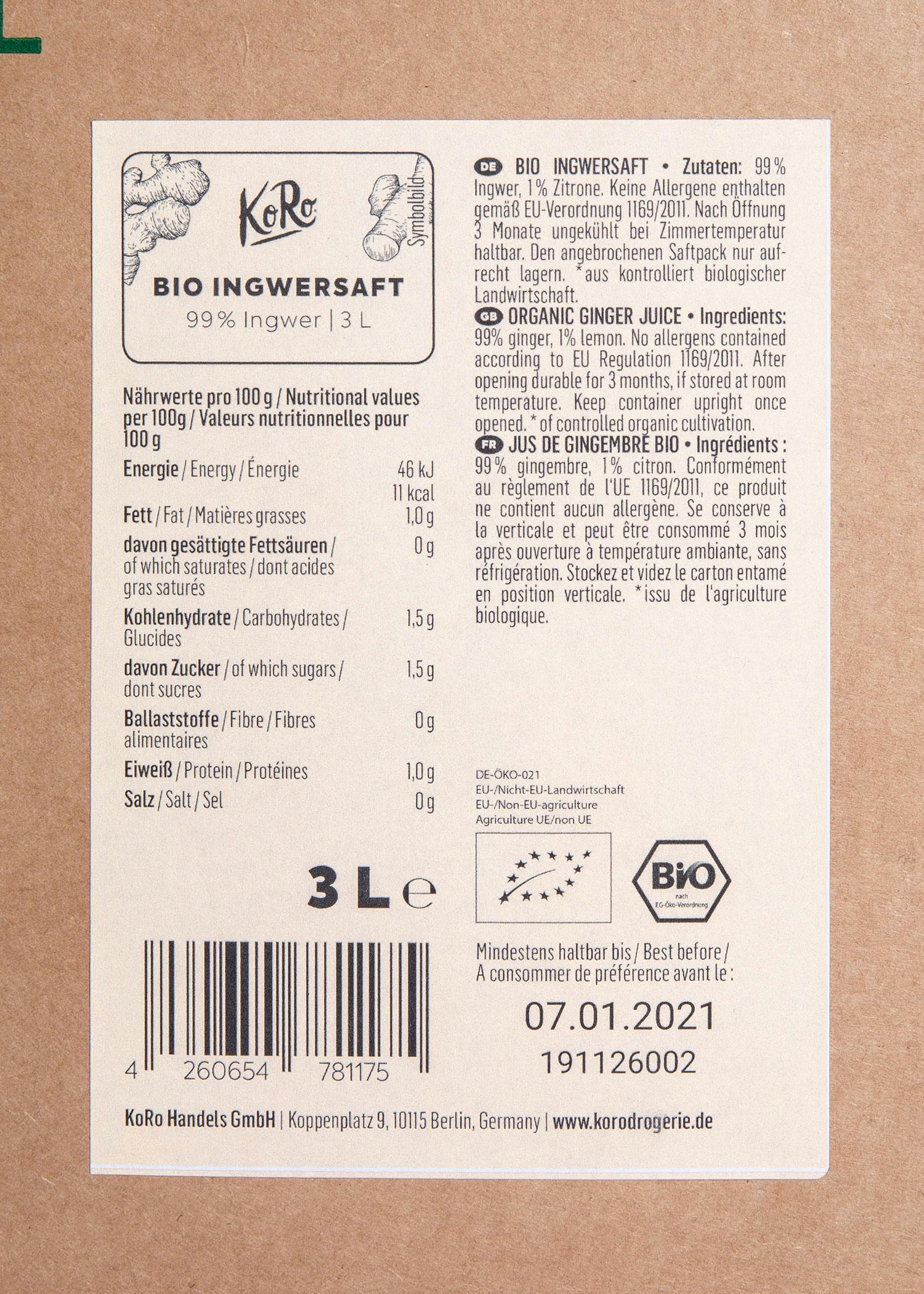 Bio Ingwersaft Bag-in-Box 3 L