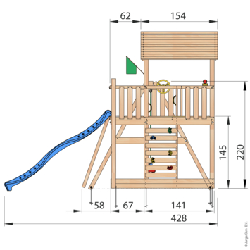 Speeltoestel Jungle Gym Chalet douglas met glijbaan blauw en 1-schommel module