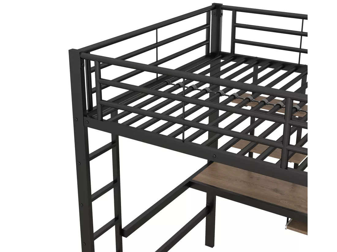 Lit mezzanine 140x200cm - avec bureau et étagères - cadre en métal - Noir