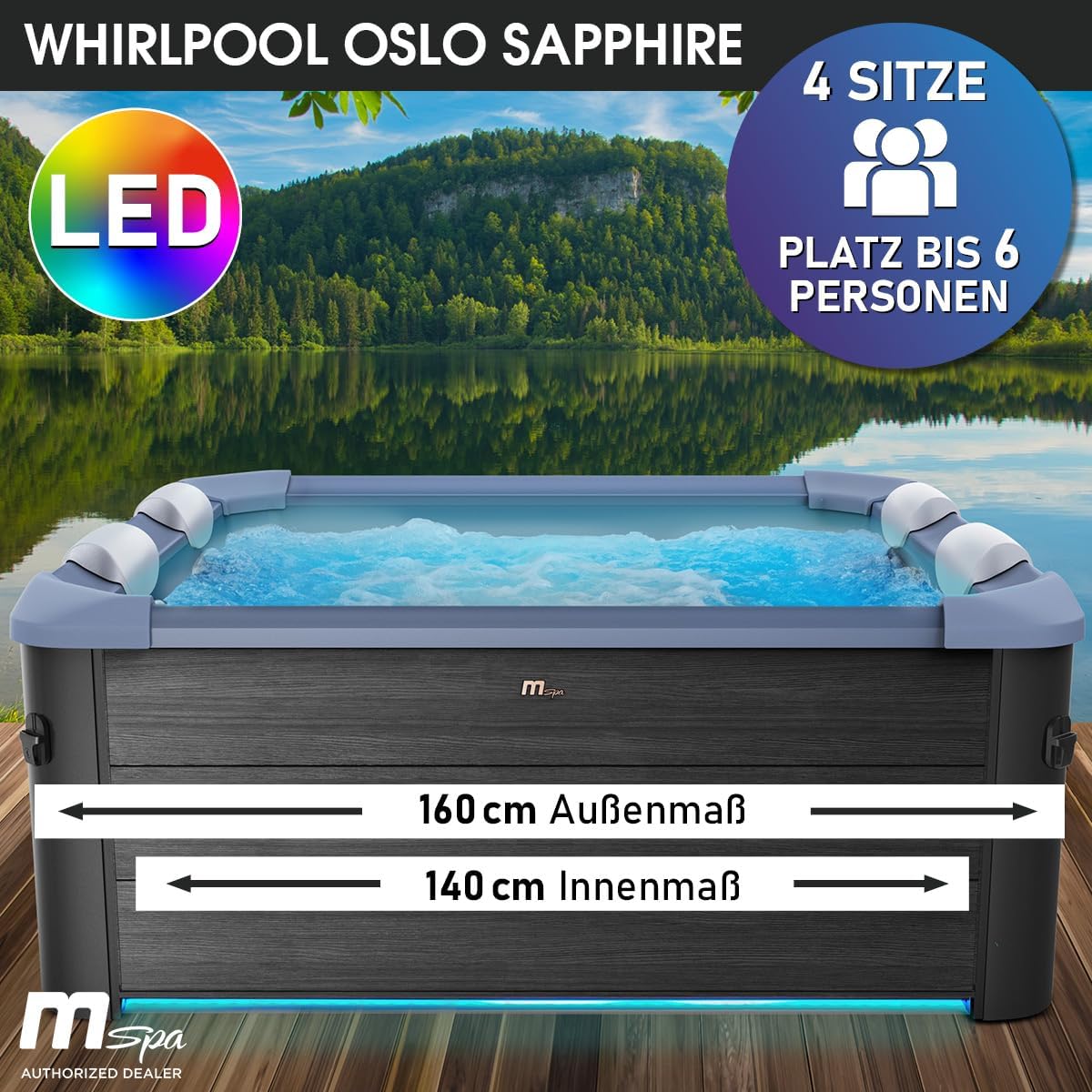 BRAST Whirlpool MSpa Frame - Oslo Sapphire & Amber mit Fester Außenwand | 160x160x65cm - 180x180x65cm | 5 Modelle | LED-Beleuchtung | 6 Personen | Ganzjähriger Einsatz Winterfest | Sapphire