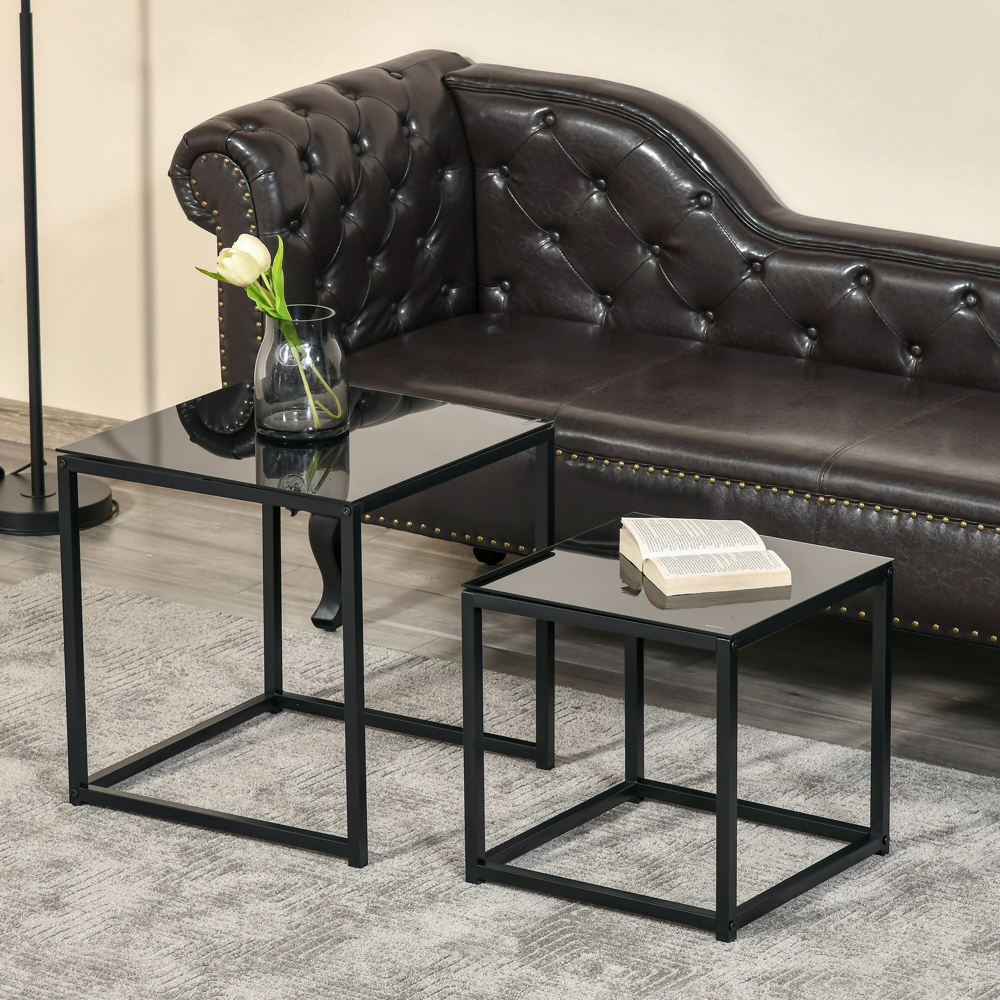 HOMCOM Couchtisch-Set mit Glastischplatte schwarz 50L x 50B x 52H cm