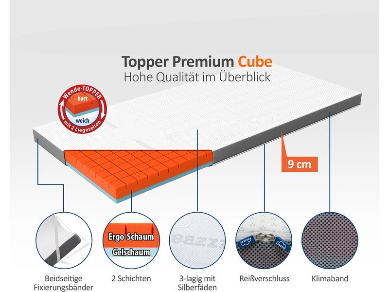 eazzzy Matratzentopper Premium Cube 180 x 200 cm Topper mit extra weichem Bezug