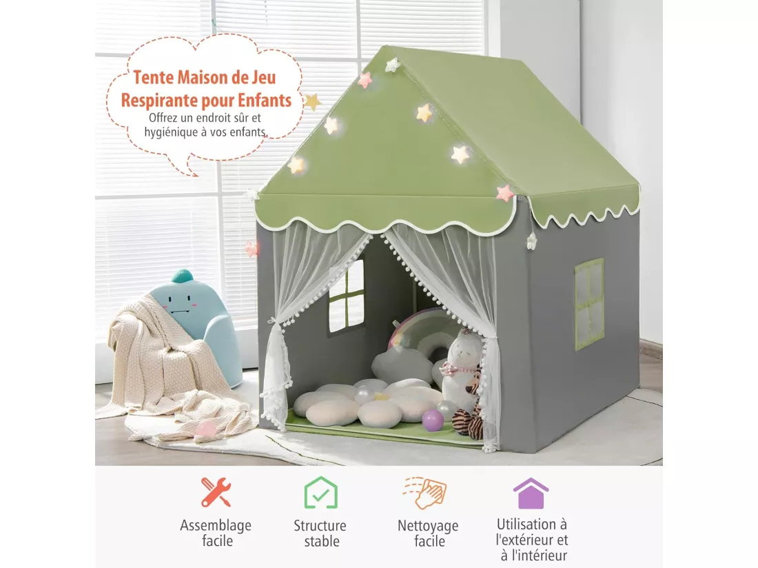 Tente de Jeux pour Enfants, Cabane Enfant avec Tapis Lavable, 105 x 121 x 136 cm Vert