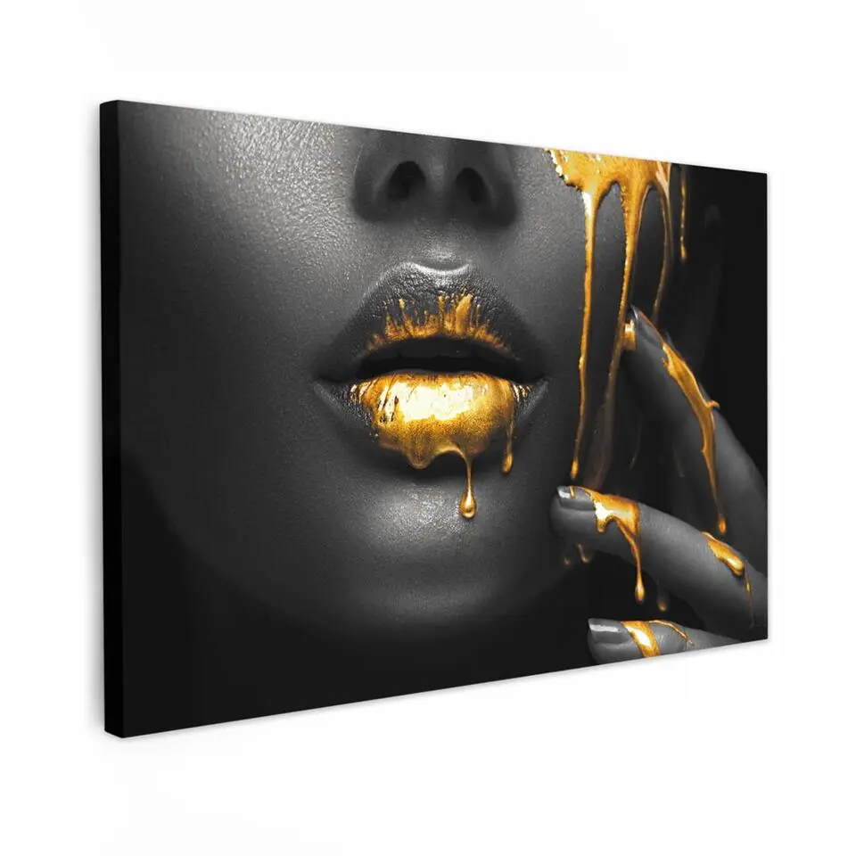 MuchoWow Canvas Schilderij 90x60cm Vrouw Zwart Goud Gezicht