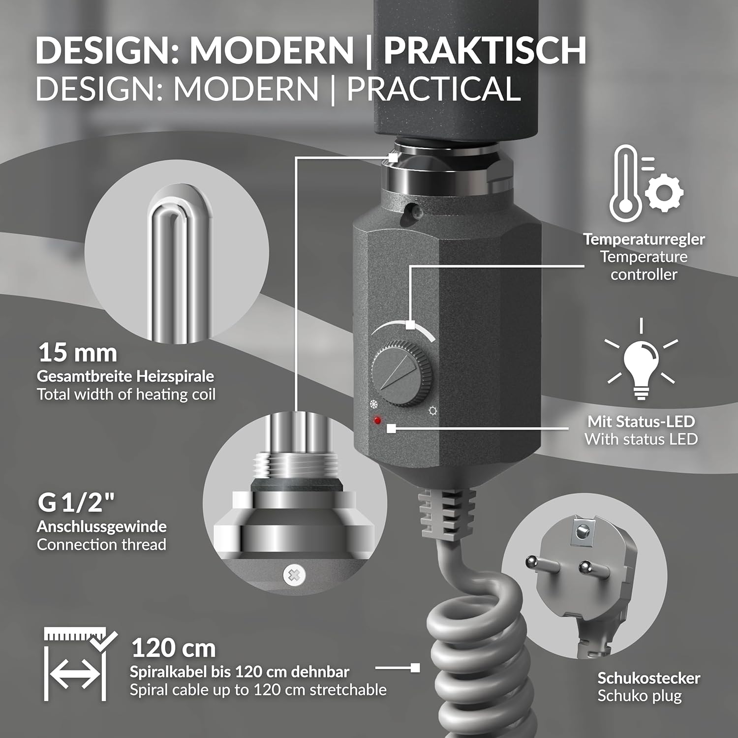 ECD Germany Badheizkörper Elektrisch 300 x 800 mm Anthrazit gerade mit Seitenanschluss inkl. Heizstab 600W ECO Chrom - Heizkörper Heizung Handtuchwärmer Handtuchtrockner Handtuchheizkörper