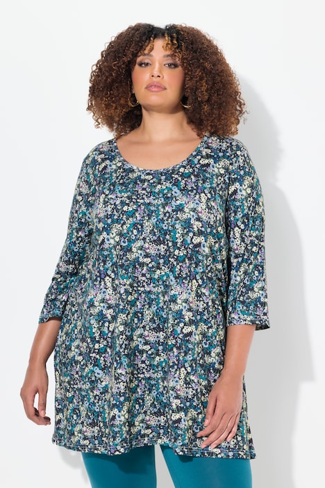 Longshirt, Blüten, A-Linie, Rundhals, 3/4-Arm