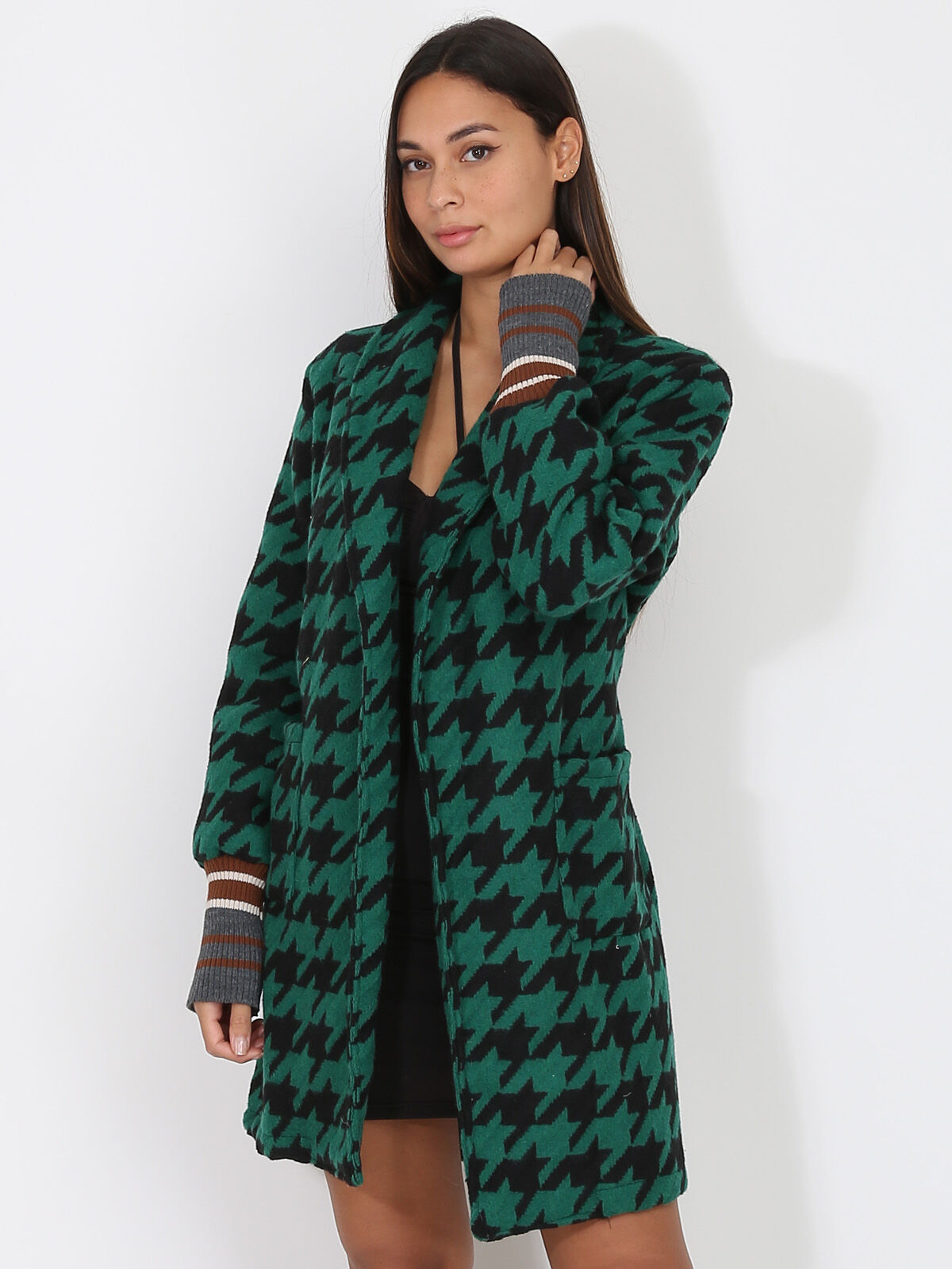 Manteau ceinturé à motif pied-de-poule- Noir / Vert