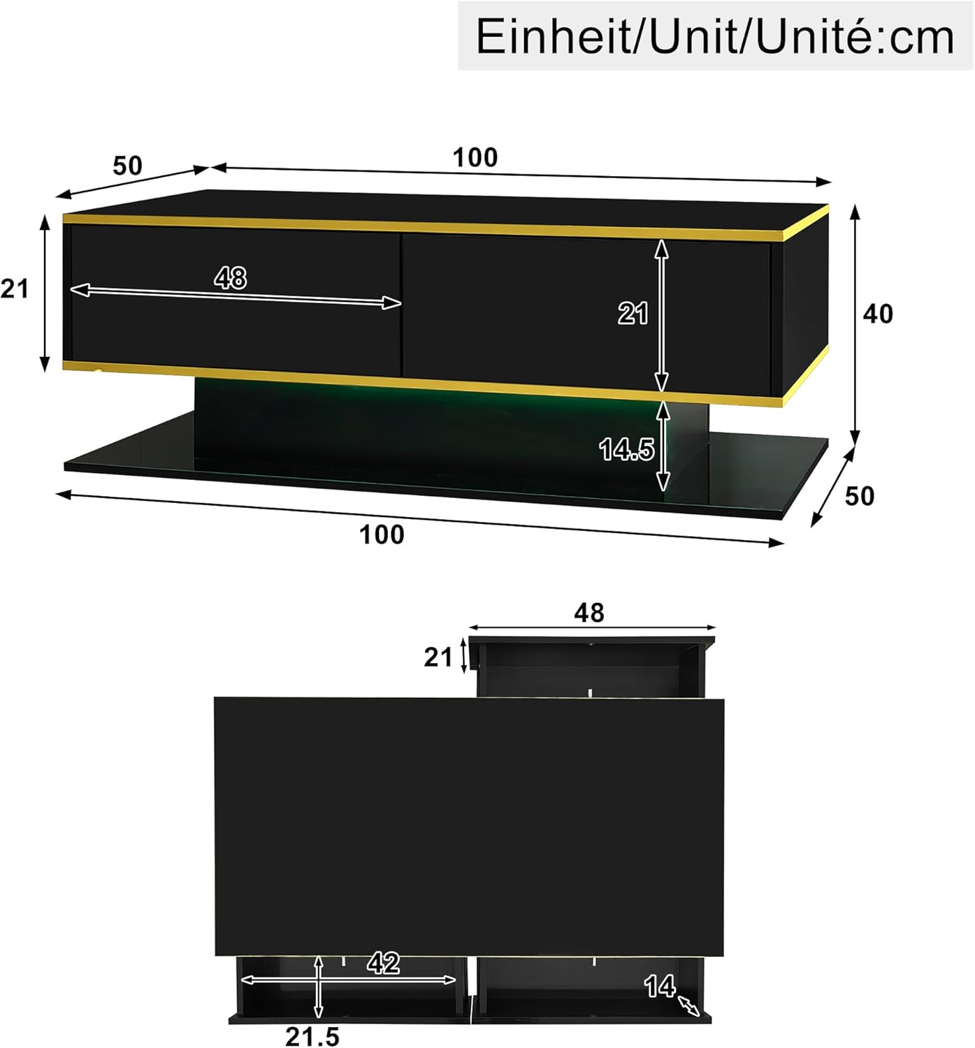 Merax LED Couchtisch Hochglanz mit Goldverzierung, Moderner Wohnzimmertisch 100x50x40 cm, Sofatisch mit 3 Schubladen & USB-LED-Licht, Kaffeetisch Beistelltisch Schwarz