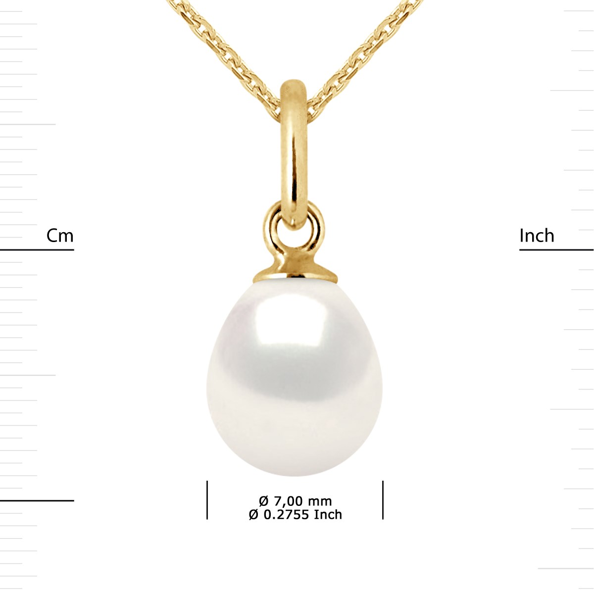 Pendentif Perle d'Eau Douce Poire 7-8 mm Blanche Or Jaune 18 Carats Livré avec Chaîne