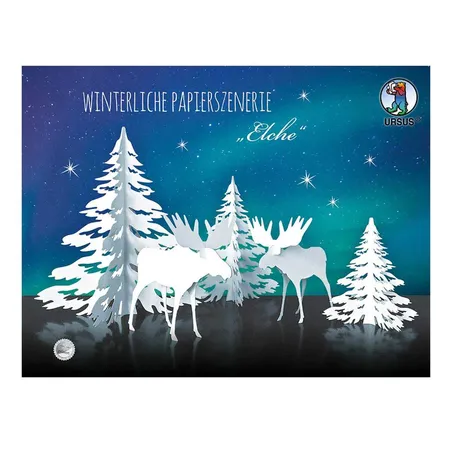 URSUS Winterliche Papierszenerie Elche, 4 Blatt Bristolkarton 400 g/qm ca. 24,8 x 32,5 cm