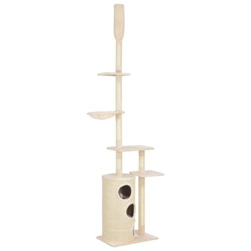 Arranhador bege para gatos com hastes de sisal.